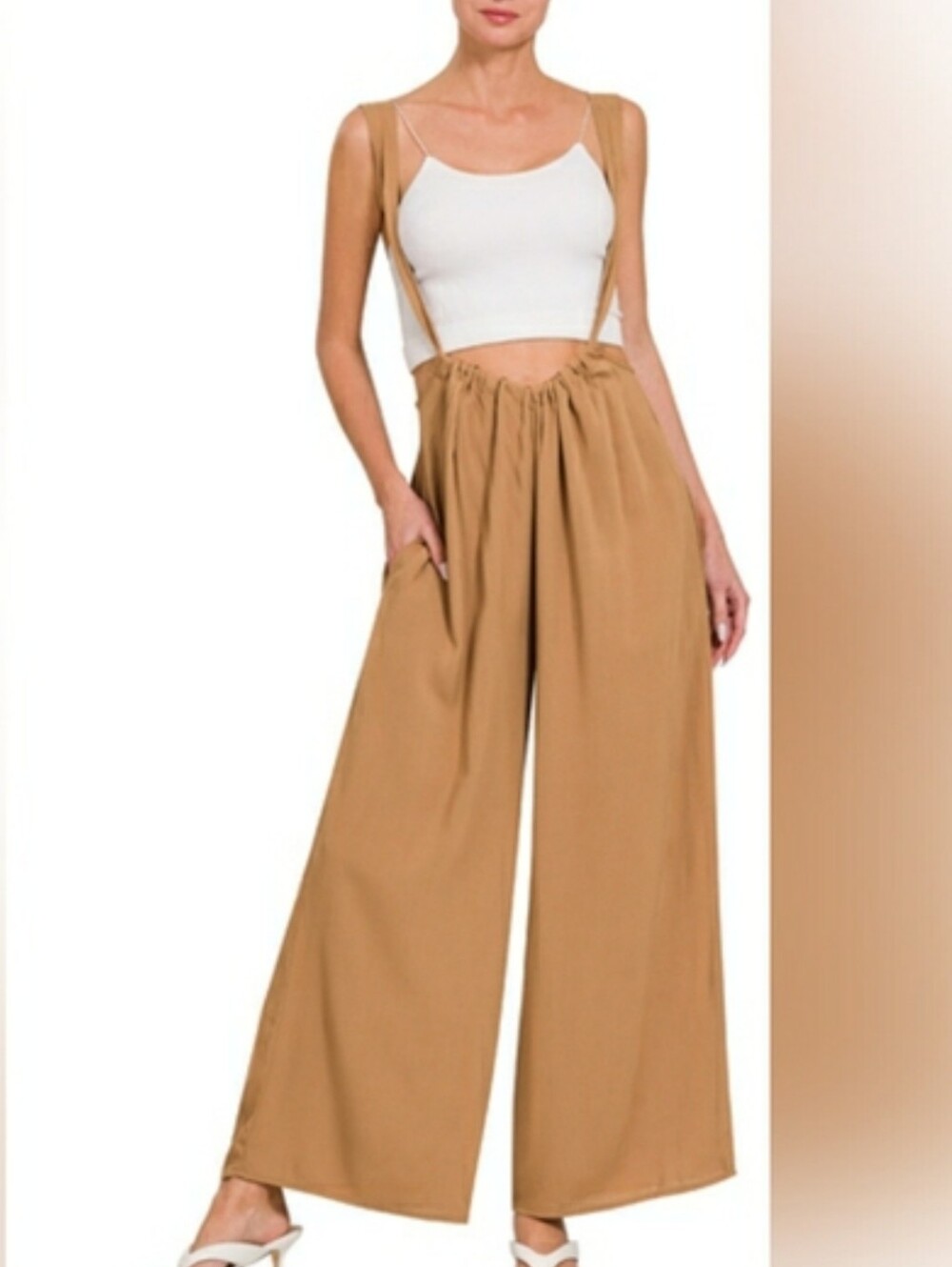 New Zenana Outfitters Wide-Leg Suspender Pants in Camel Brown